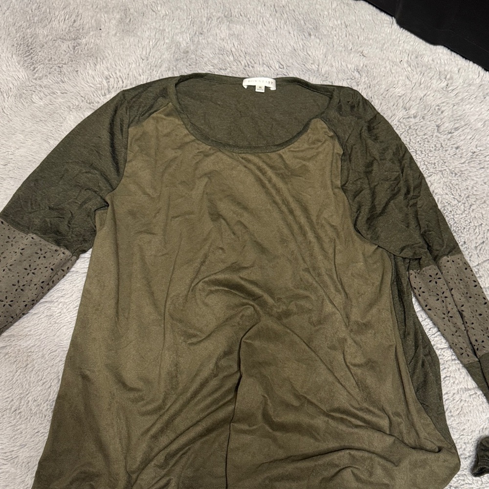 DownEast Olive Green Long Sleeve Mixed-Media Top